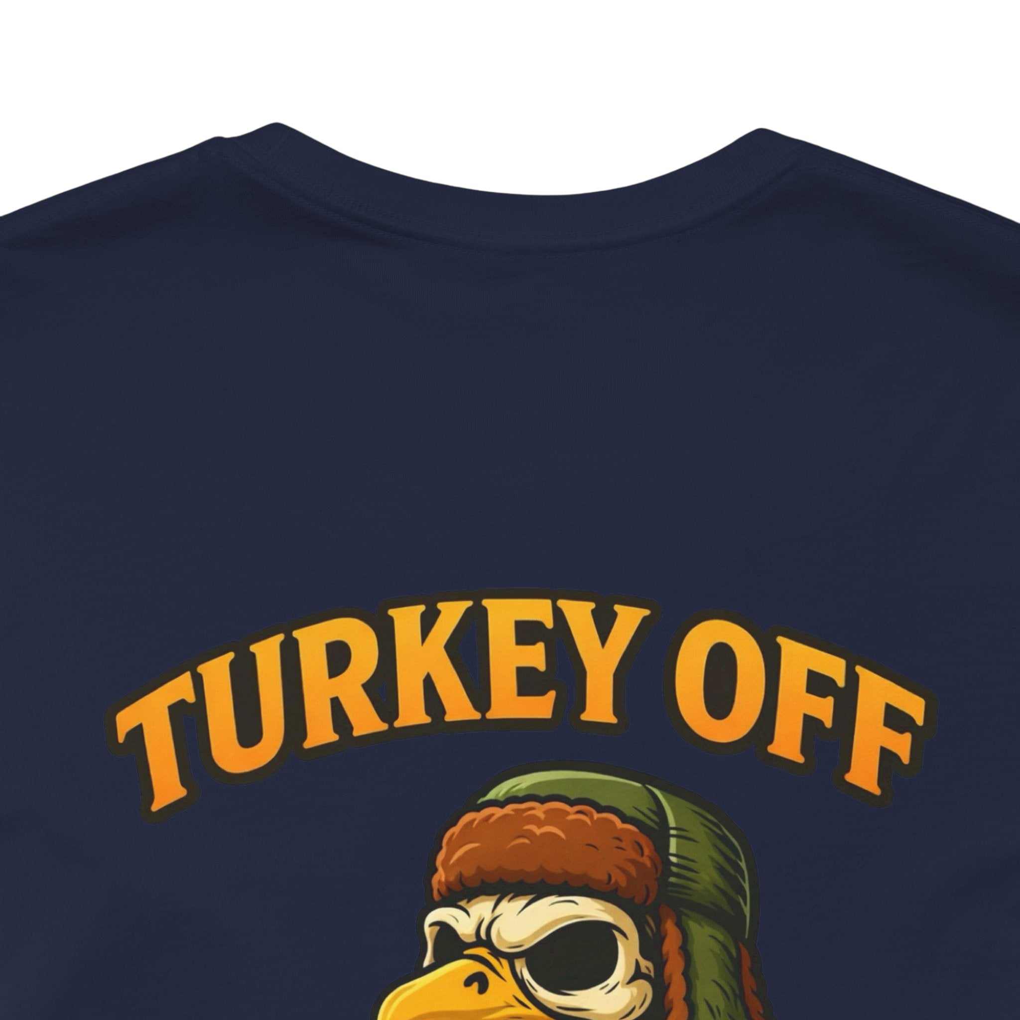 Skeleton turkey Turkey Off Graphic Tee with vintage fall hunting design for Thanksgiving humor