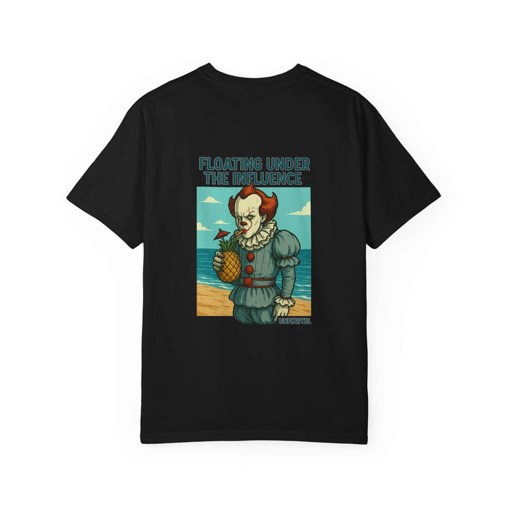 Black unisex t-shirt featuring Pennywise graphic holding pineapple at the beach with text "Floating Under The Influence"