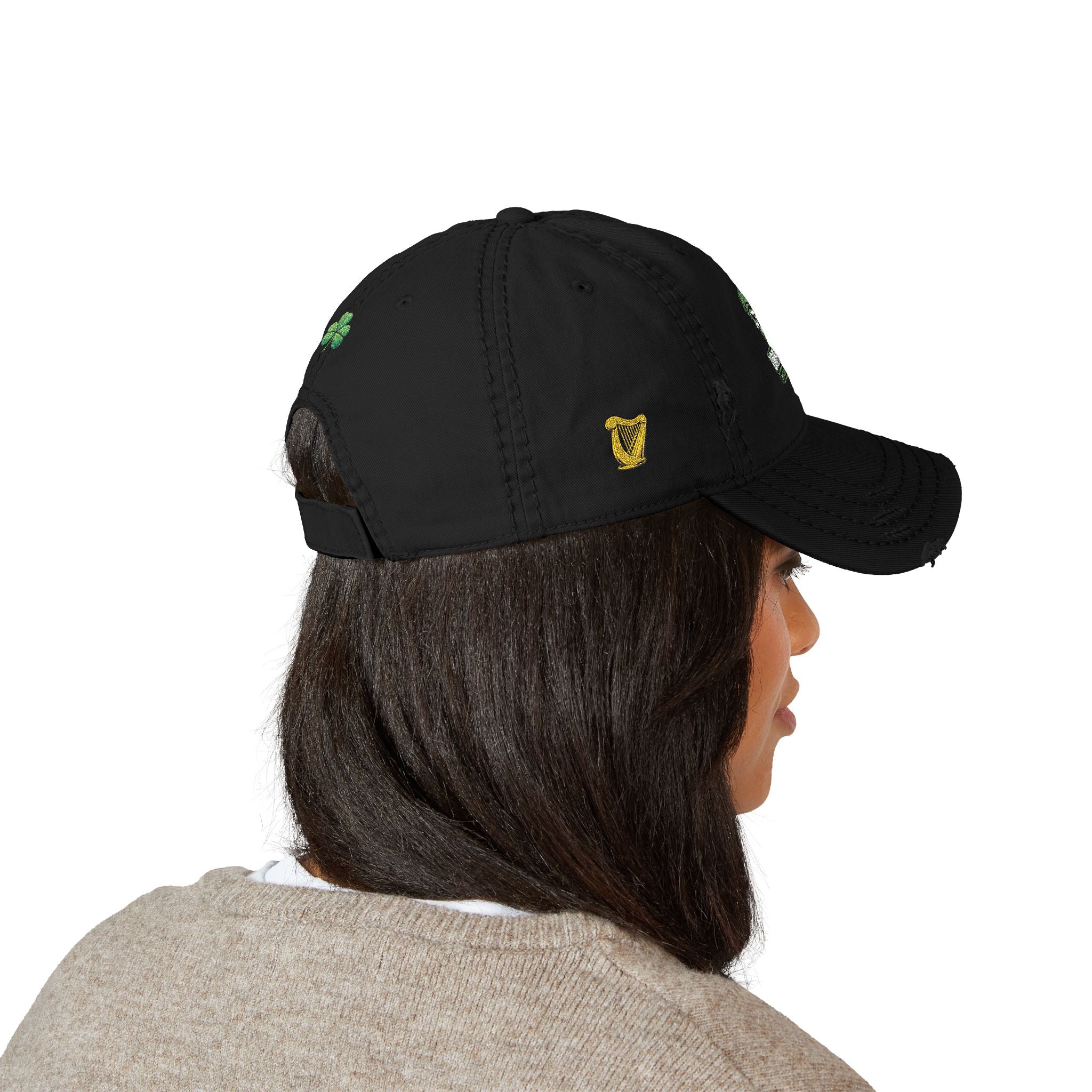 Distressed Embroidered Dad Hat — Green Skull & Shamrock "UNFRWTBL"