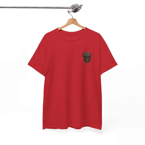Red unisex tee shirt with a small dark skull graphic on the chest, Medusa Wonder Woman design theme.