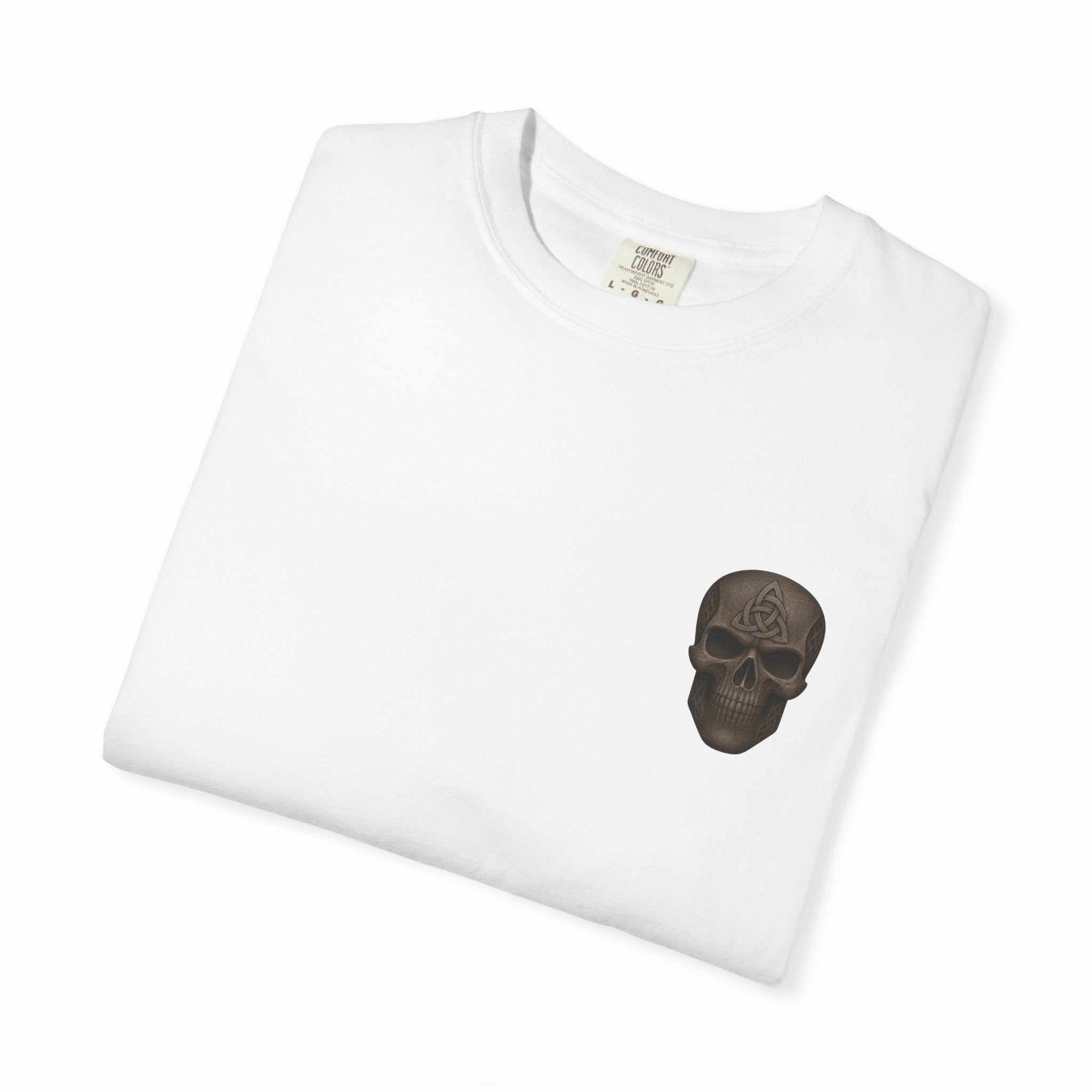 White vintage-inspired unisex patriotic T-shirt with small dark skull graphic on chest, casual Americana style perfect for celebrations.