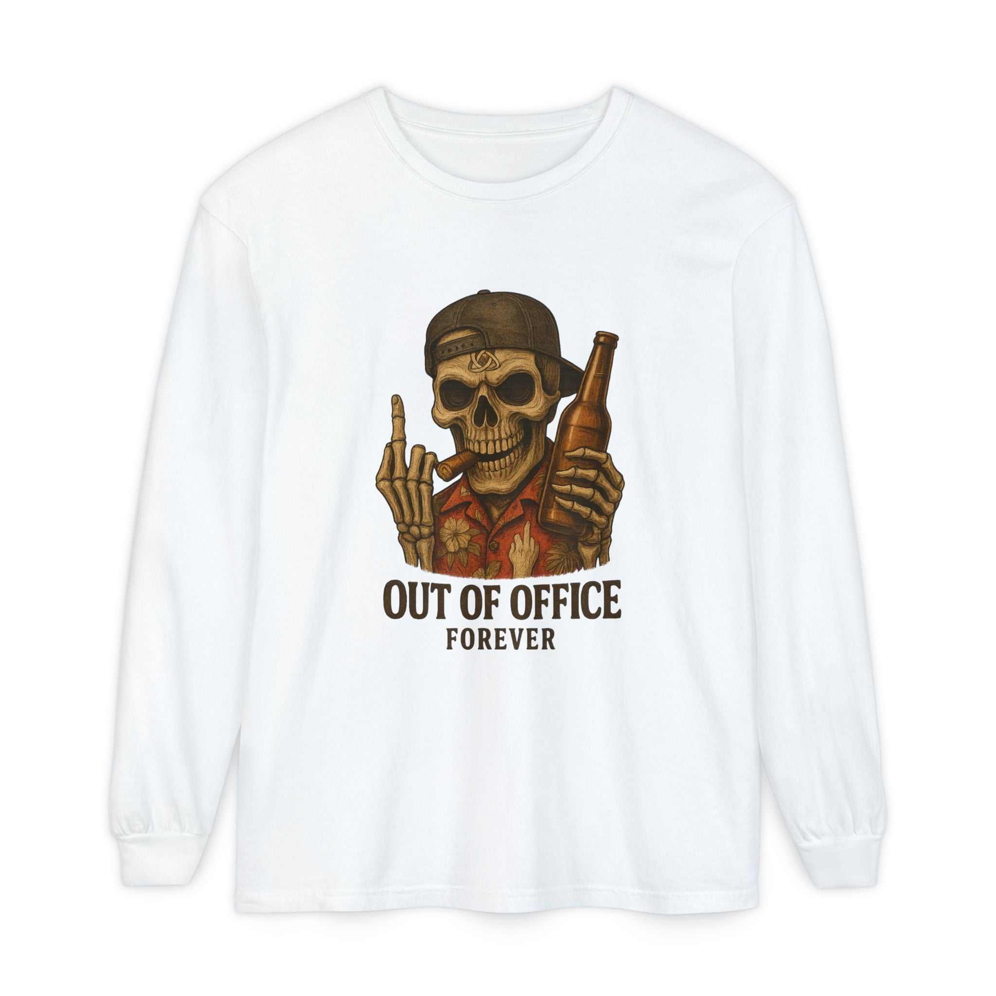 Long sleeve t-shirt with "Out of Office Forever" skull and beer graphic, soft garment-dyed cotton, ribbed cuffs, and classic fit.