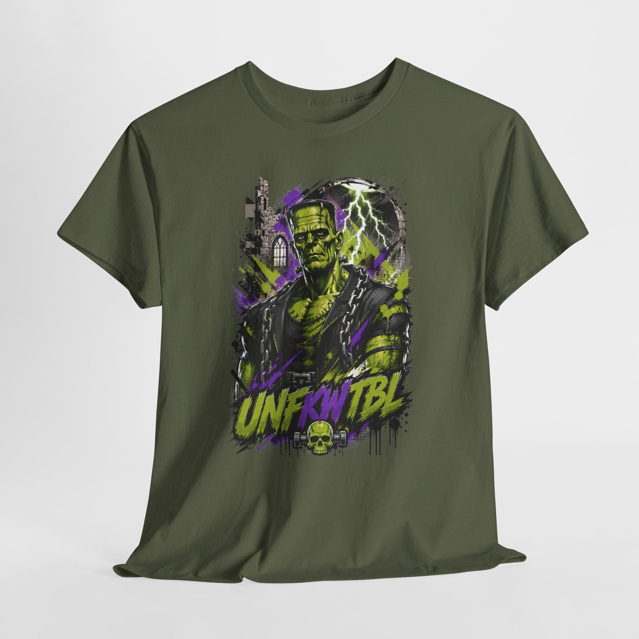 Frankenstein Monster Abstract Tee — "UNFKW TBL" Neon Horror Graphic Shirt