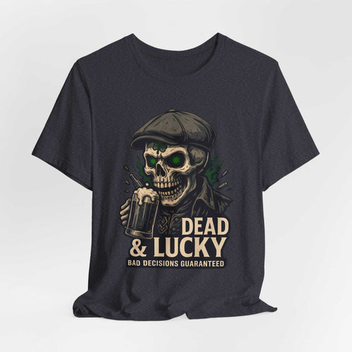 Dead & Lucky Skull Tee with grinning skull graphic and vintage style on lightweight cotton shirt