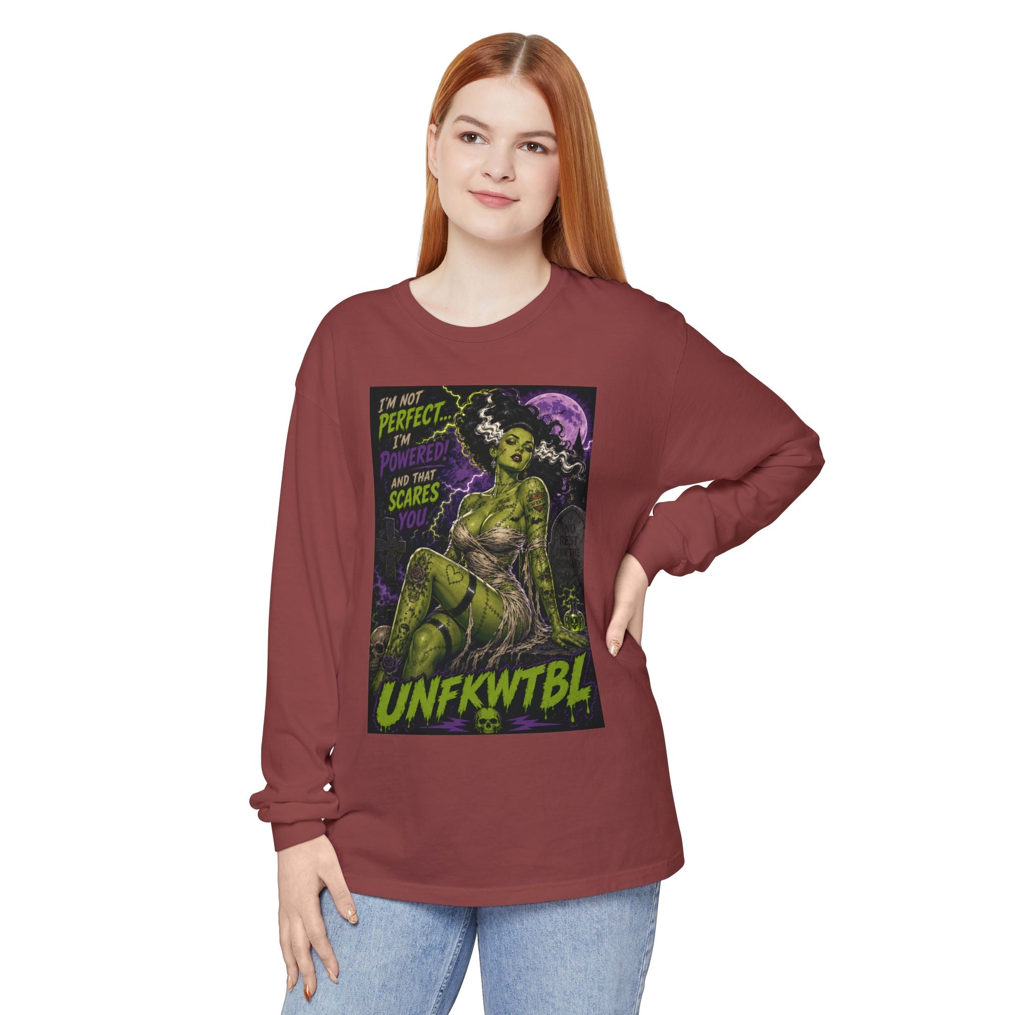 Monster Pin-Up Long Sleeve Tee — “I’m Not Perfect, I’m Powerful (UNFKWTBL)”