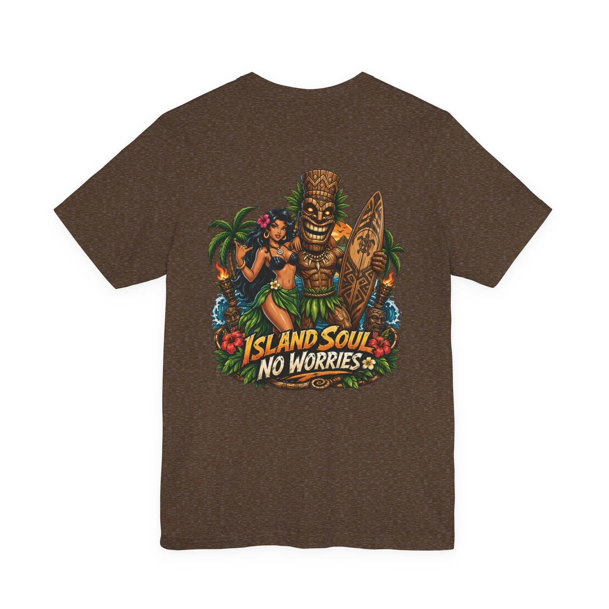 Tropical Tiki Tee with tiki, hibiscus flowers, and rolling waves design on breathable cotton shirt