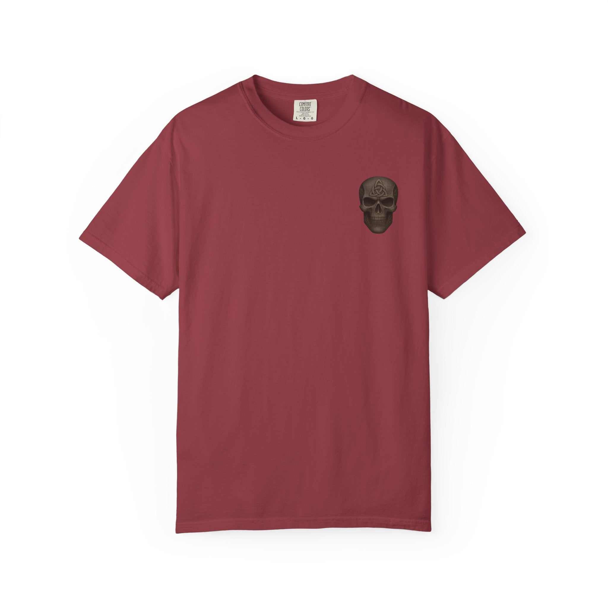 Unisex maroon Spooky Pumpkin Punch T-Shirt with small black skull graphic, vintage Halloween design, breathable cotton fabric.