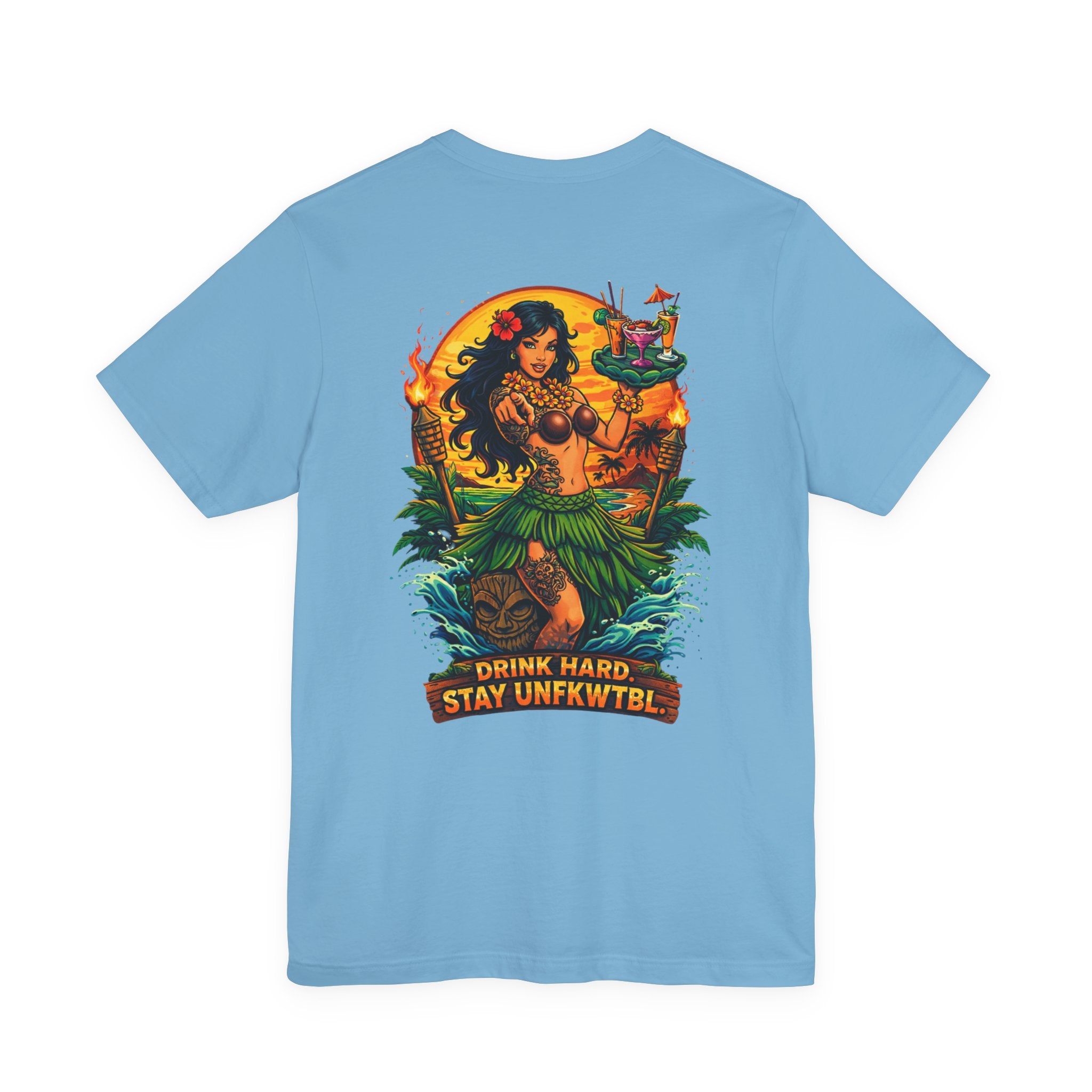 Hawaiian Hula Mermaid T‑Shirt — "Drink Hard Stay Unfwktbl" Tropical Bar Tee