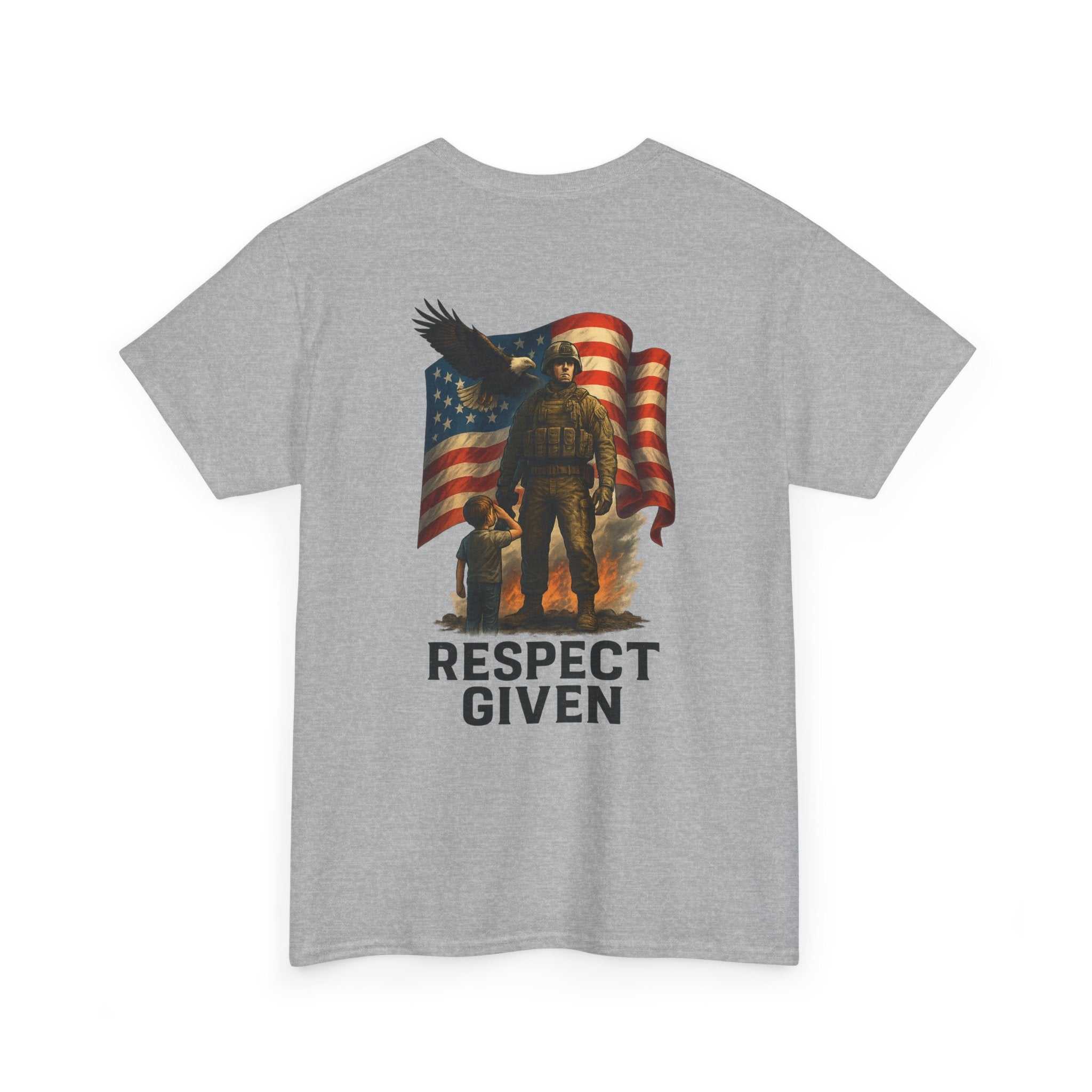 Respect Given Unisex Tee with soldier and American flag graphic on back and skull emblem on front, 100% cotton military tribute design