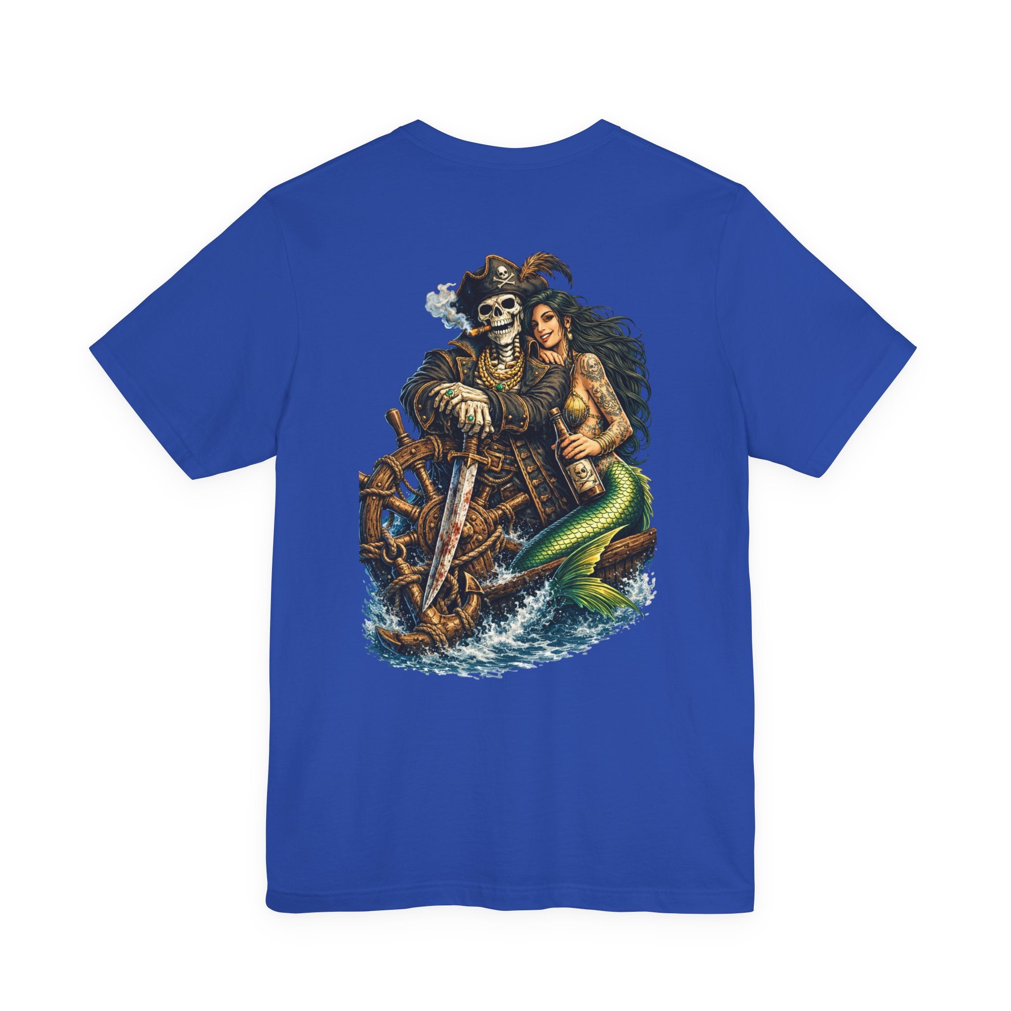 Pirate Skeleton & Mermaid Graphic Tee — Nautical Skull Crew Neck Shirt