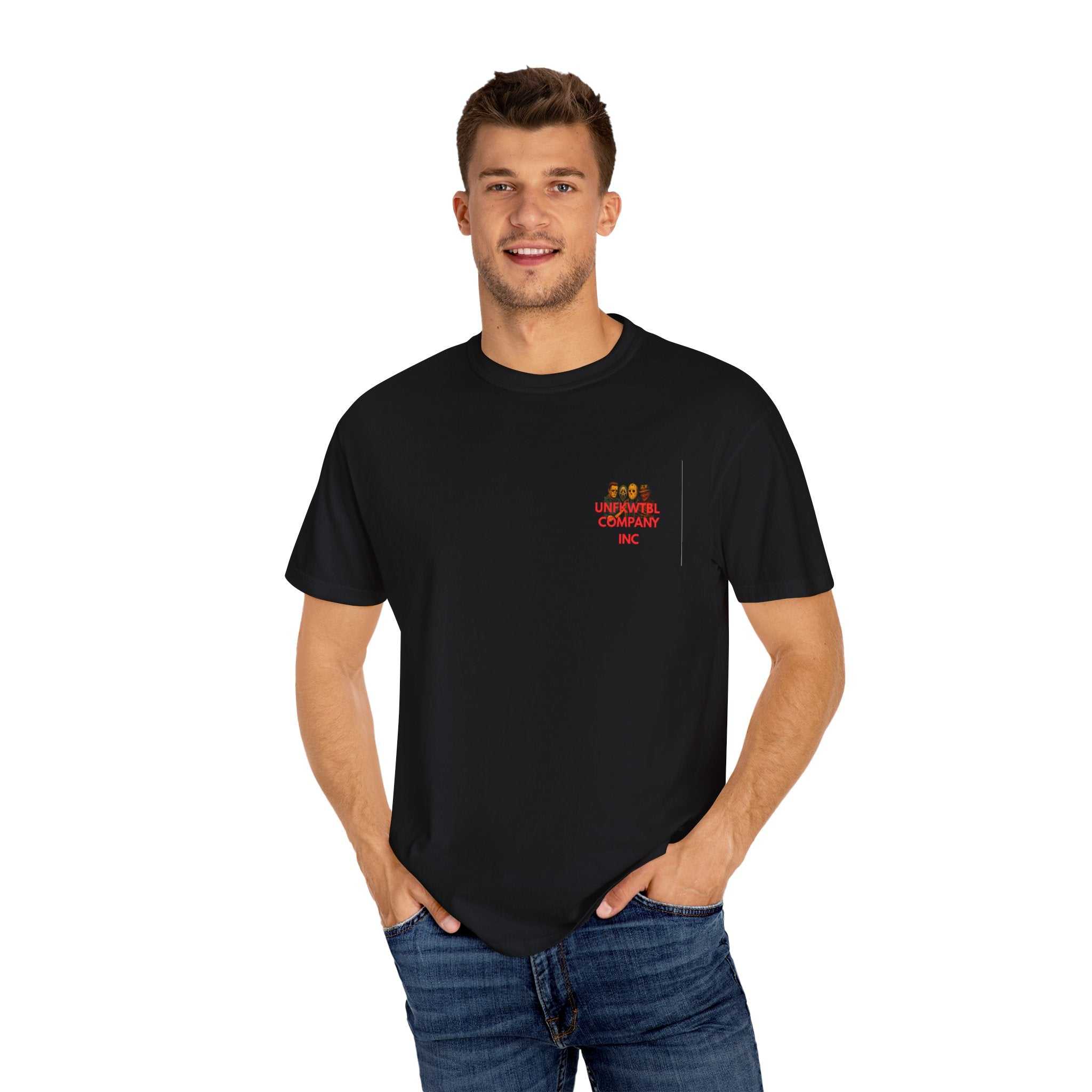 Horror Movie Legends unisex black t-shirt featuring iconic horror characters Jason, Michael, Freddy, and Pinhead