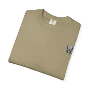 Unisex beige tee with small skull graphic featuring killer cocktails design, made of soft 100% US cotton