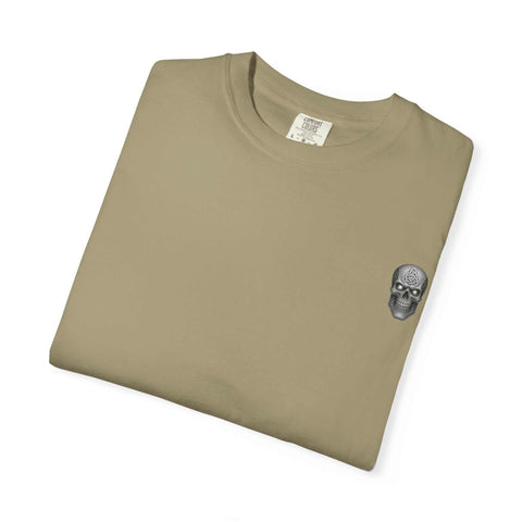 Unisex beige tee with small skull graphic featuring killer cocktails design, made of soft 100% US cotton