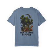 Blue graphic tee featuring Grim Reaper Hulk mashup design with "From the Grave I Smash" text