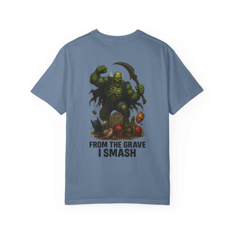 Blue graphic tee featuring Grim Reaper Hulk mashup design with "From the Grave I Smash" text