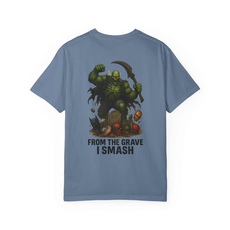 Blue graphic tee featuring Grim Reaper Hulk mashup design with "From the Grave I Smash" text