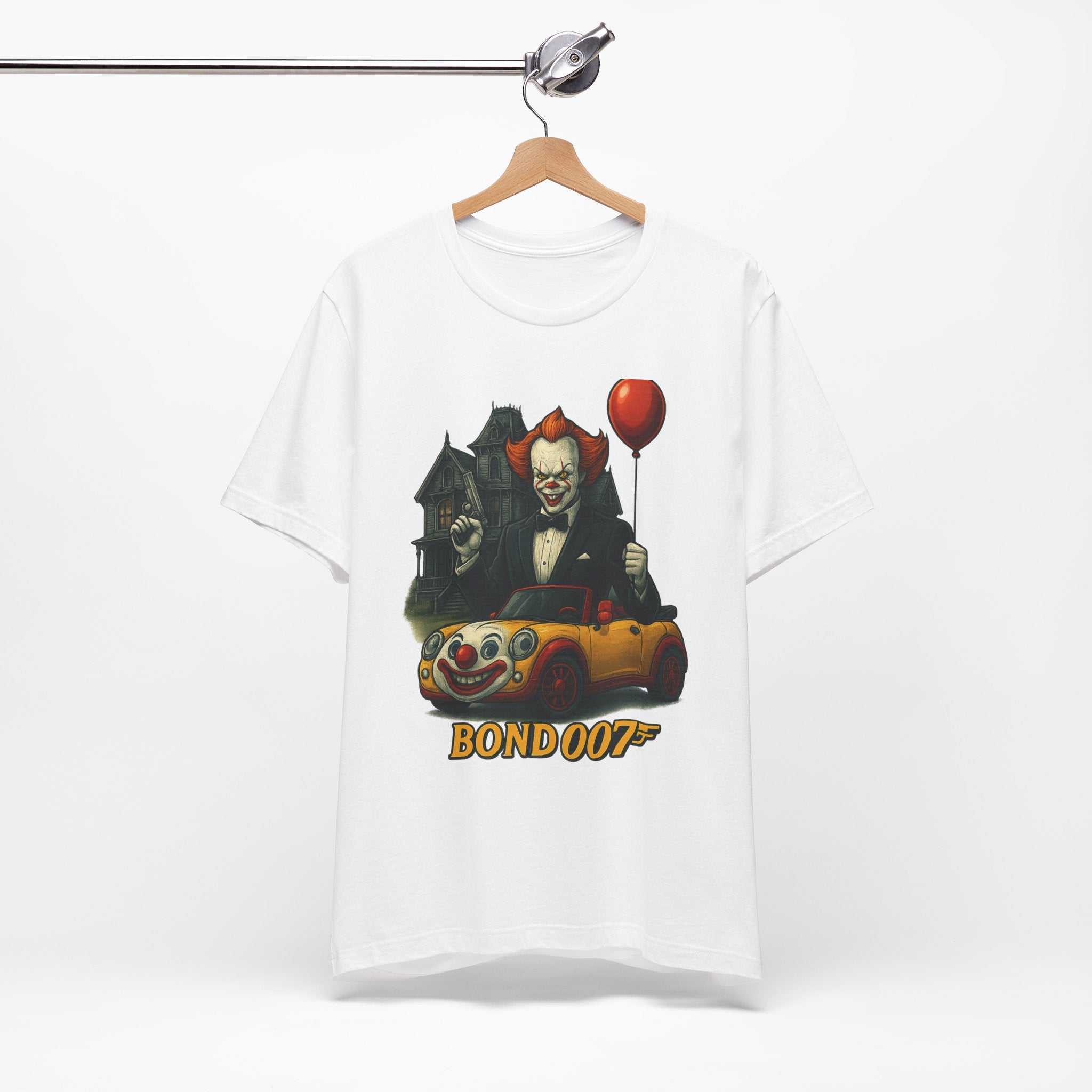 Clown Spy Thriller Tee — "Bond 007" Horror Car Balloon Graphic T-Shirt