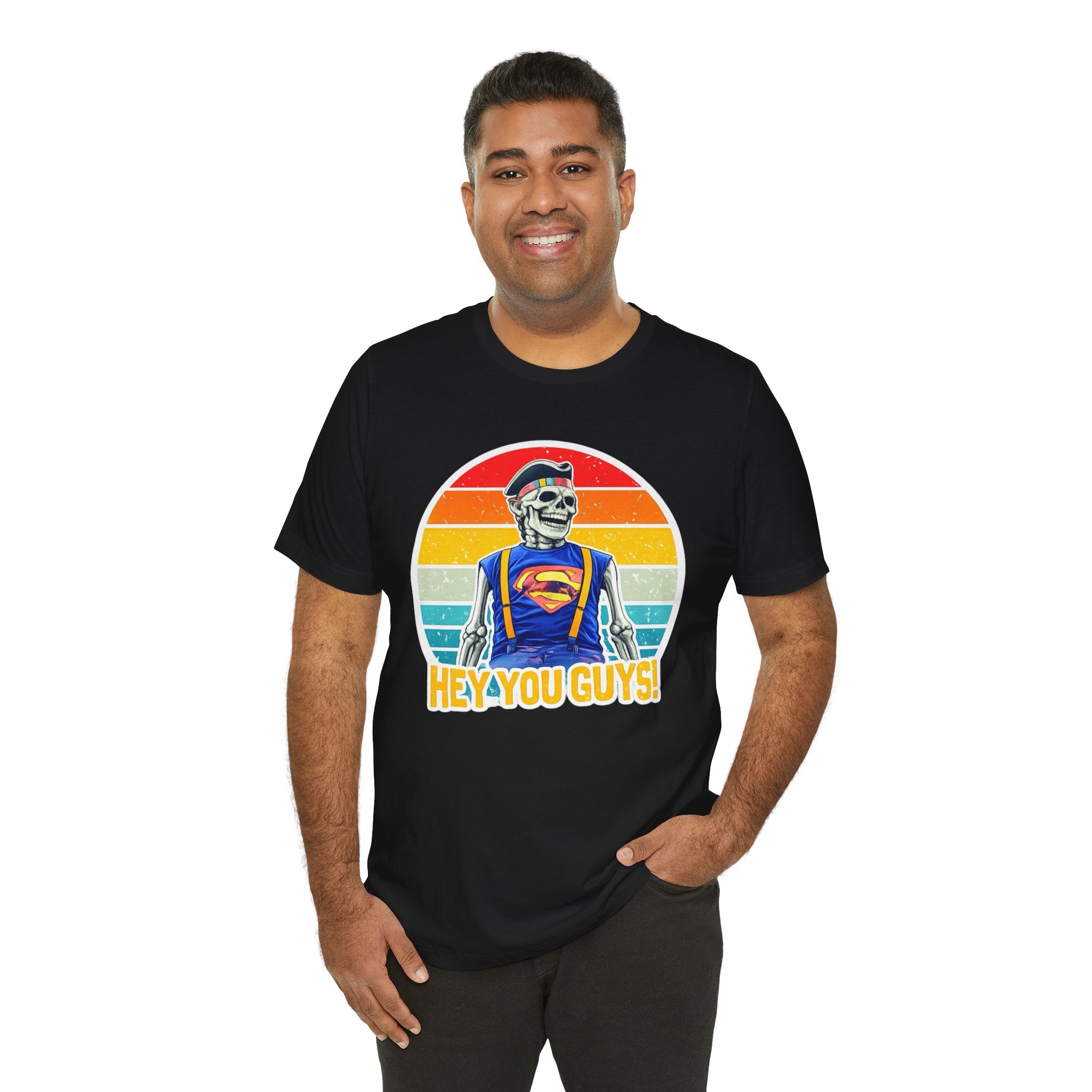 Skeleton Superfan Tee — "Hey You Guys!" Retro Vintage Graphic T-Shirt