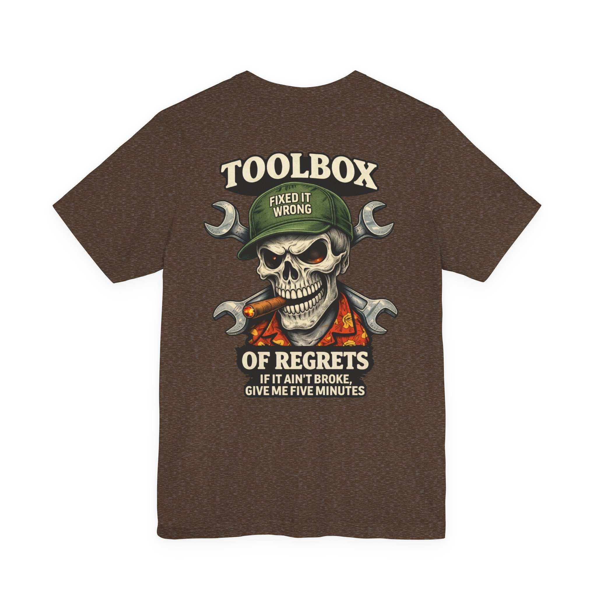 Toolbox of Regrets skull mechanic t-shirt with crossed wrenches and humorous text