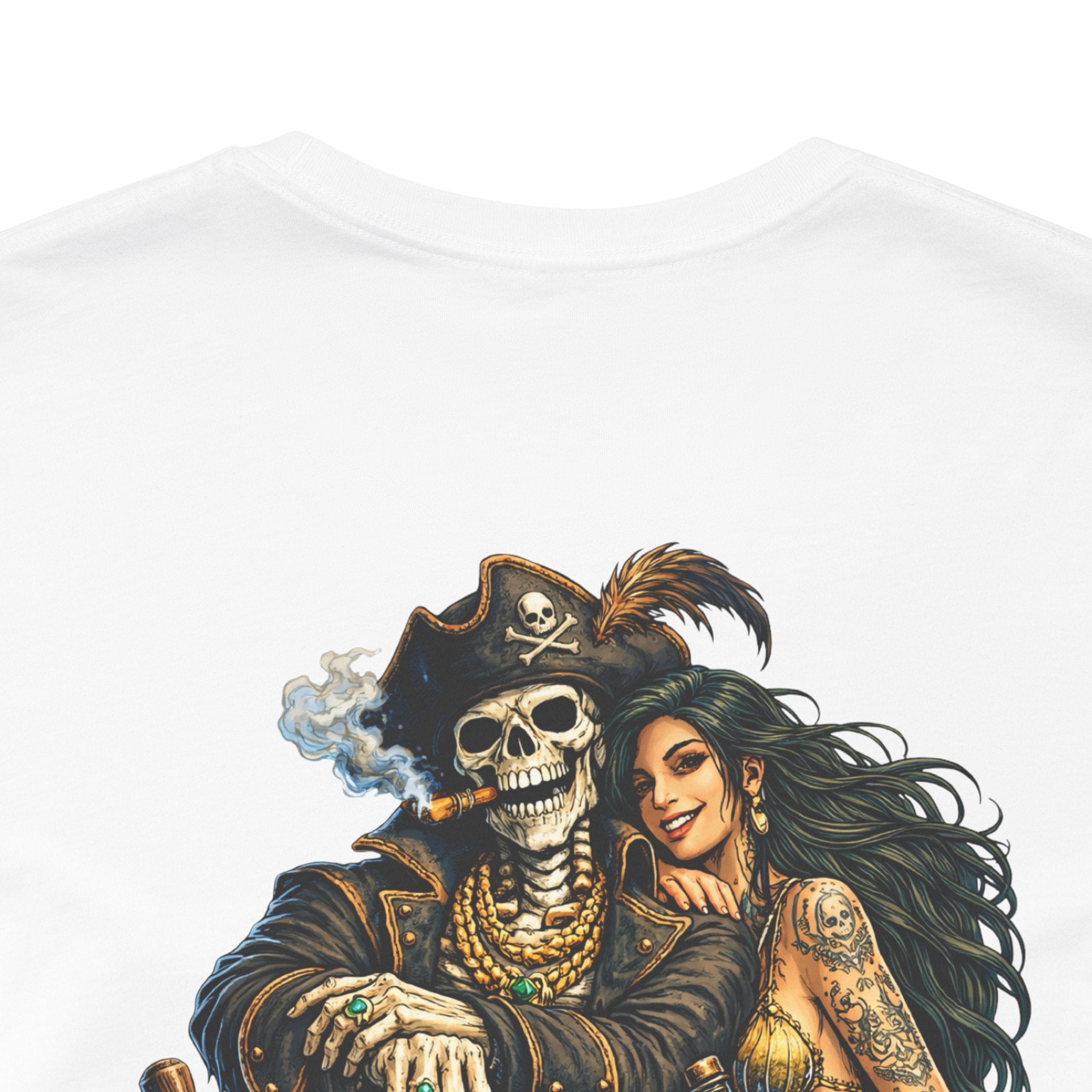Pirate Skeleton & Mermaid Graphic Tee — Nautical Skull Crew Neck Shirt