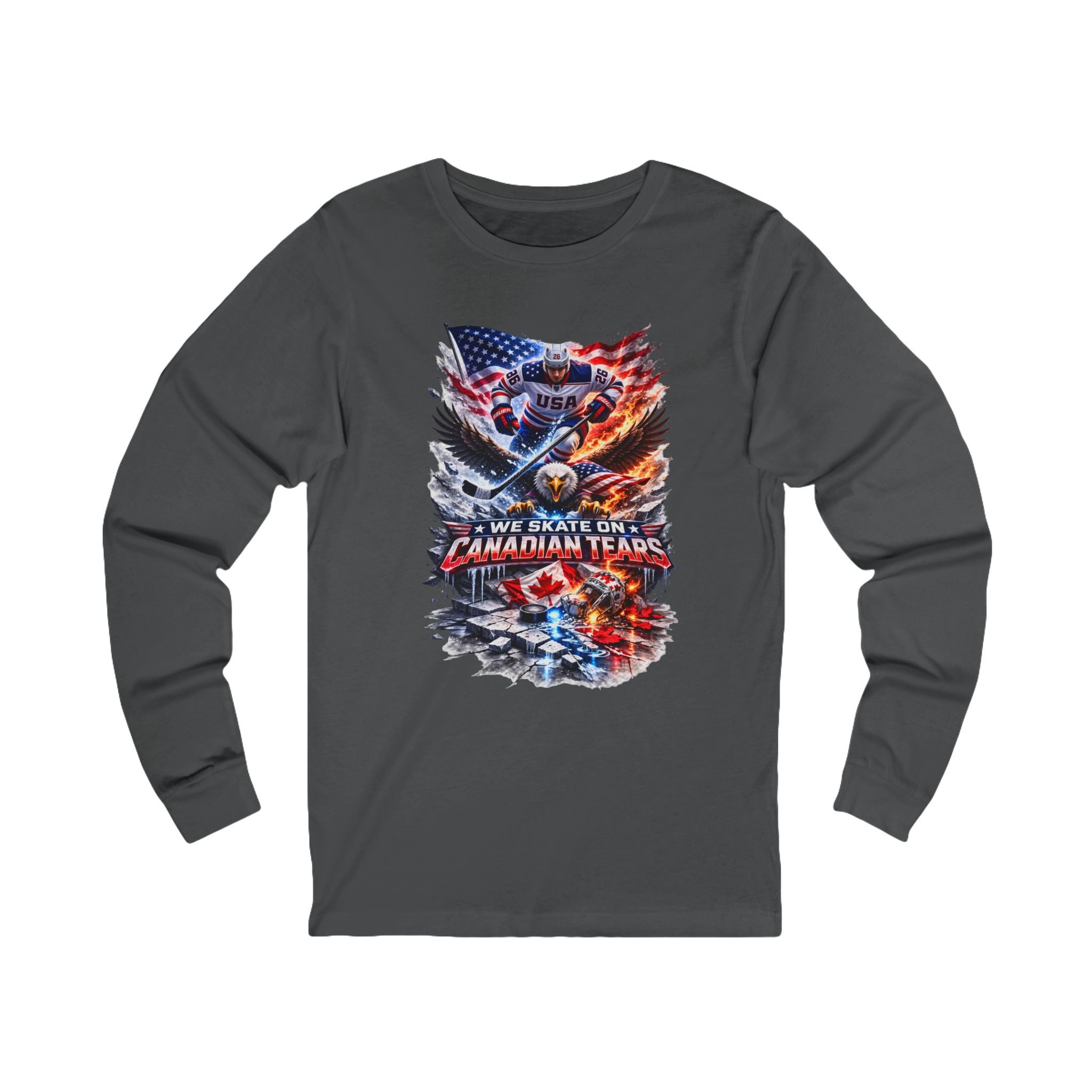 Hockey Player USA Flag Long Sleeve Tee – “We Skate On Canadian Tears” Patriotic Hockey Shirt