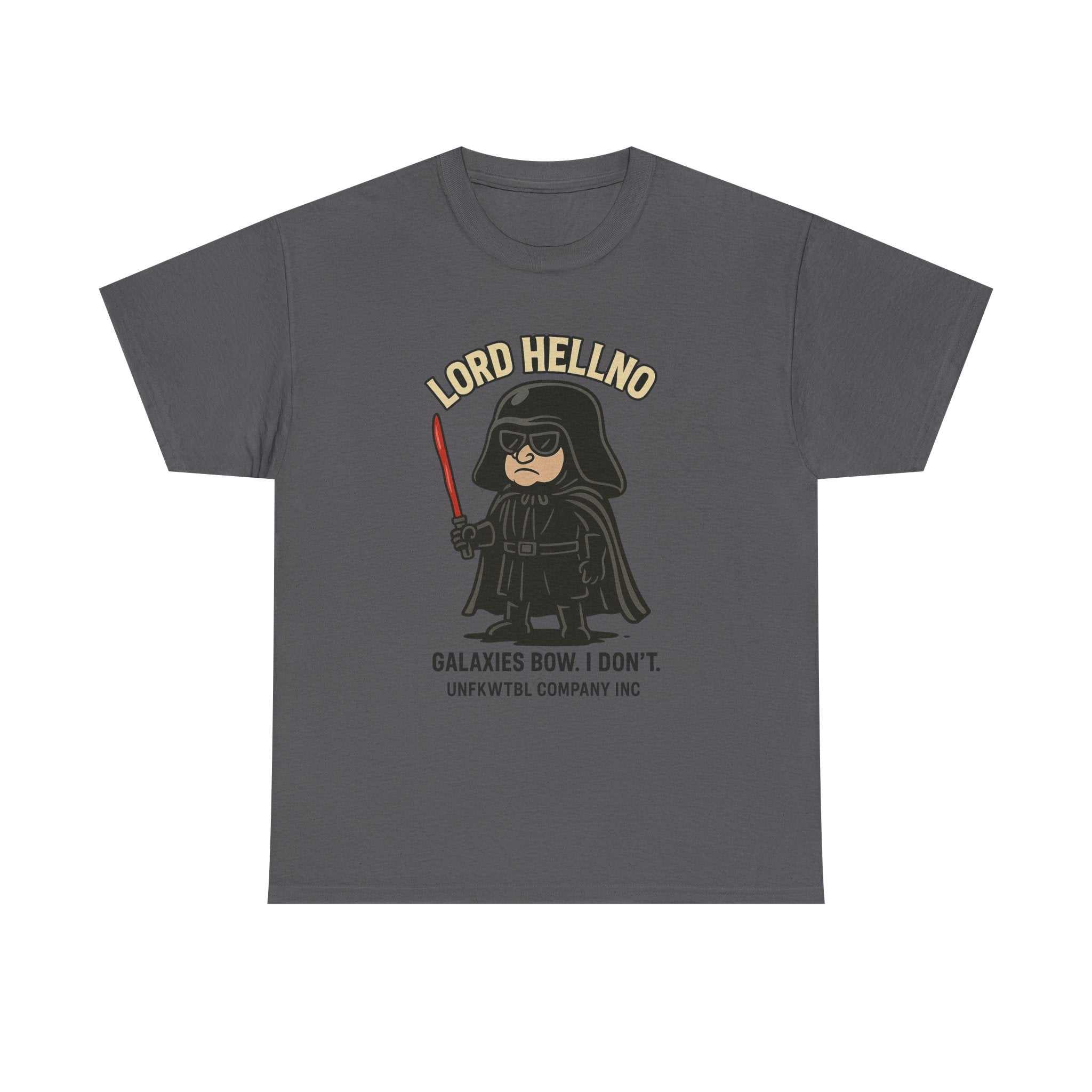Galaxy Ruler Unisex Tee with cosmic galaxy print and bold LORD HELLNO helmet design