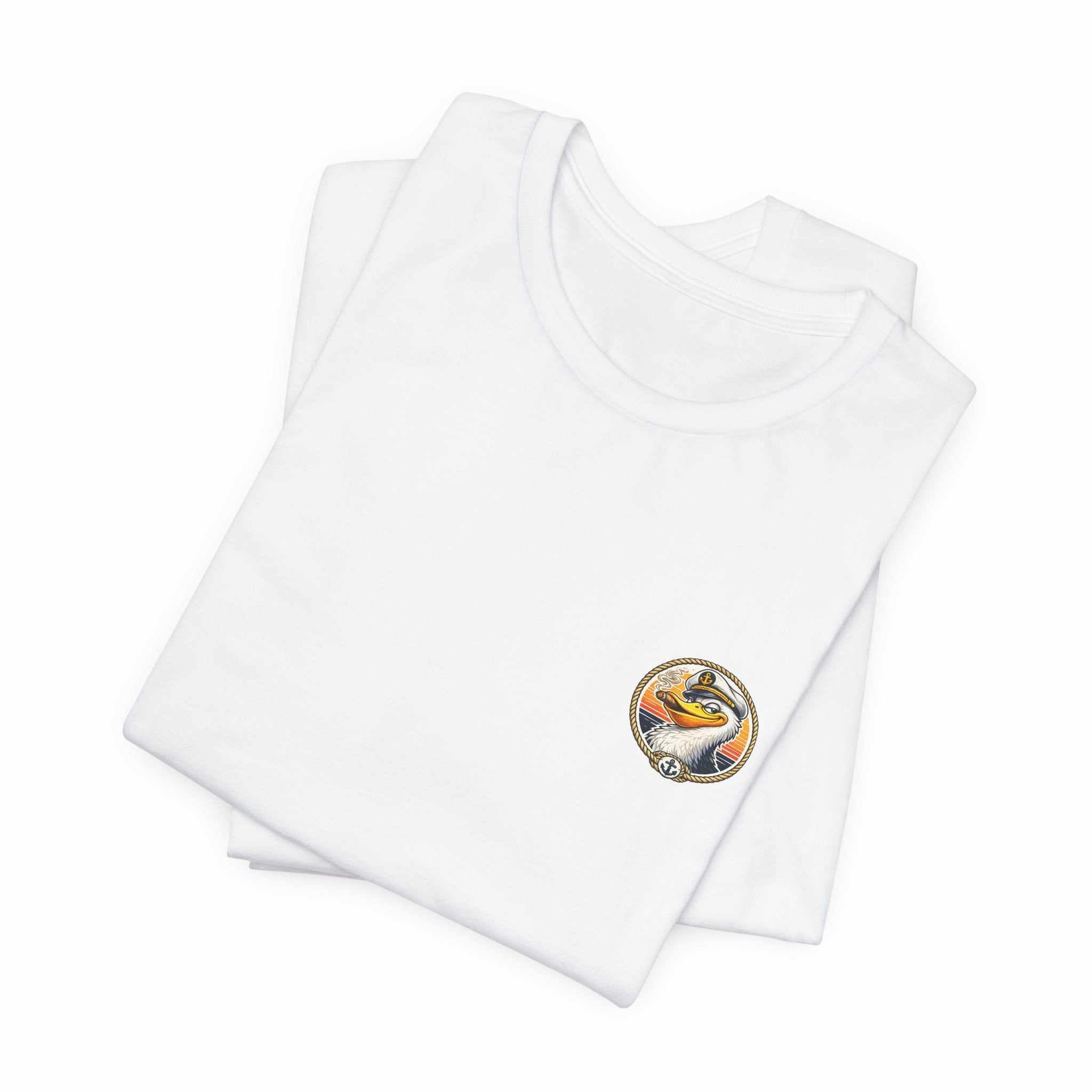 T-Shirt — Retro Pelican on Inflatable Tube Graphic Tee (Beach Vacation, Tropical Sunset)
