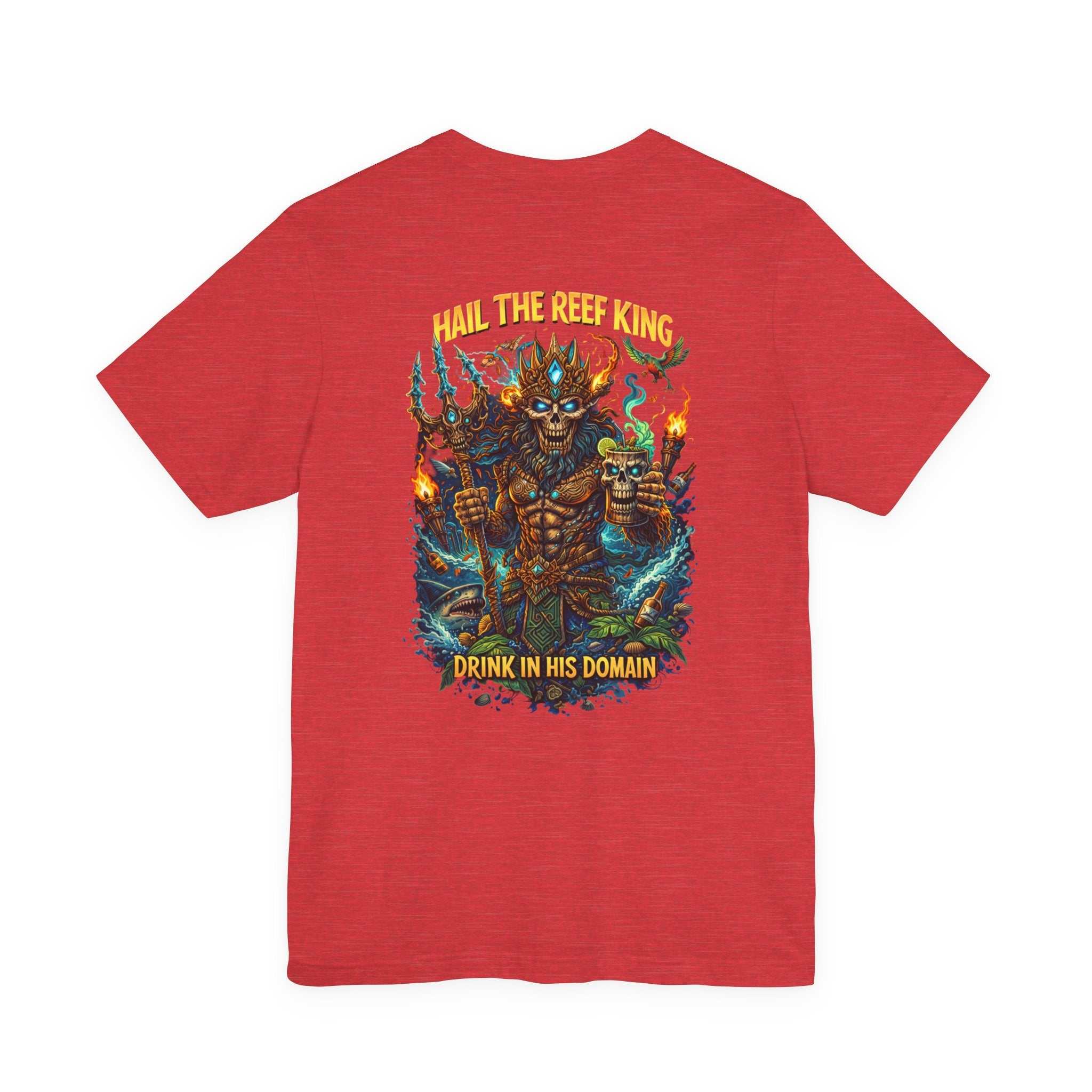 Hail the Reef King T-shirt featuring fantasy sea king graphic with coral reef, trident, and oceanic mythology design on soft cotton tee