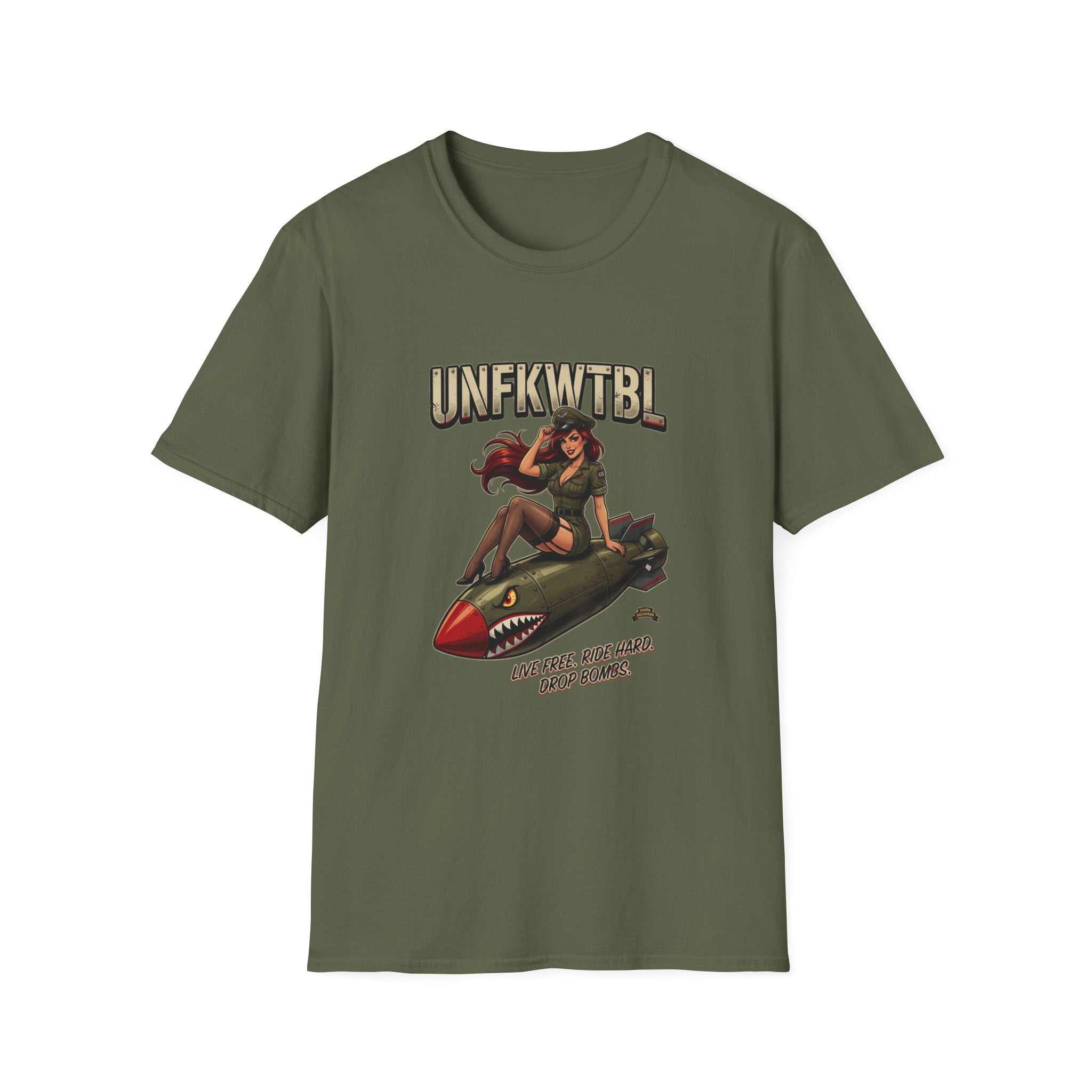 Vintage Pinup Bomber T-Shirt with retro military aviator graphic and distressed vintage nose art design