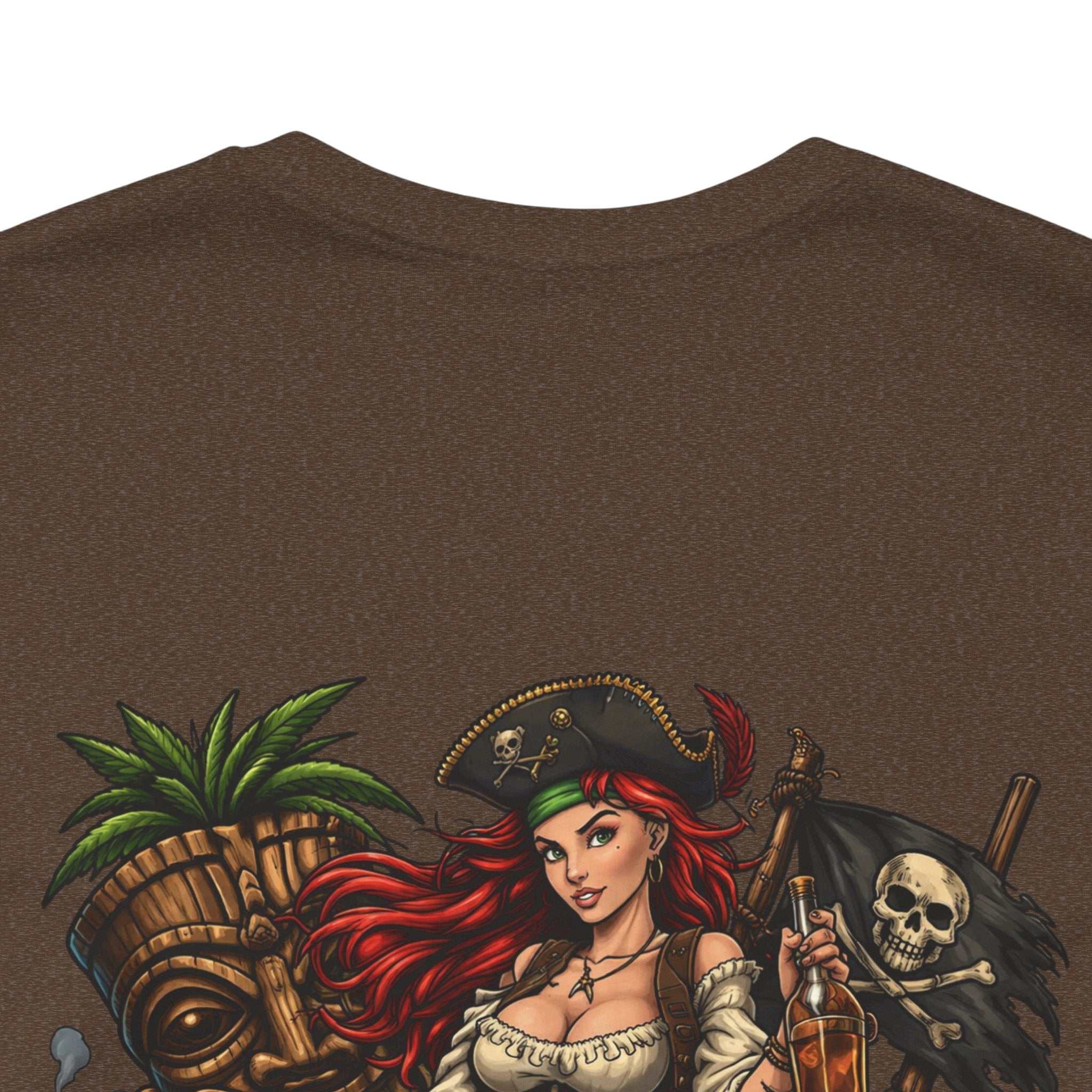 Rum Runs Deep pirate pinup T-shirt with vibrant island and pirate design on breathable cotton