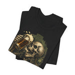 Drink First Think Never T-Shirt — Skull Beer Graphic Tee for Party & Bar Lovers