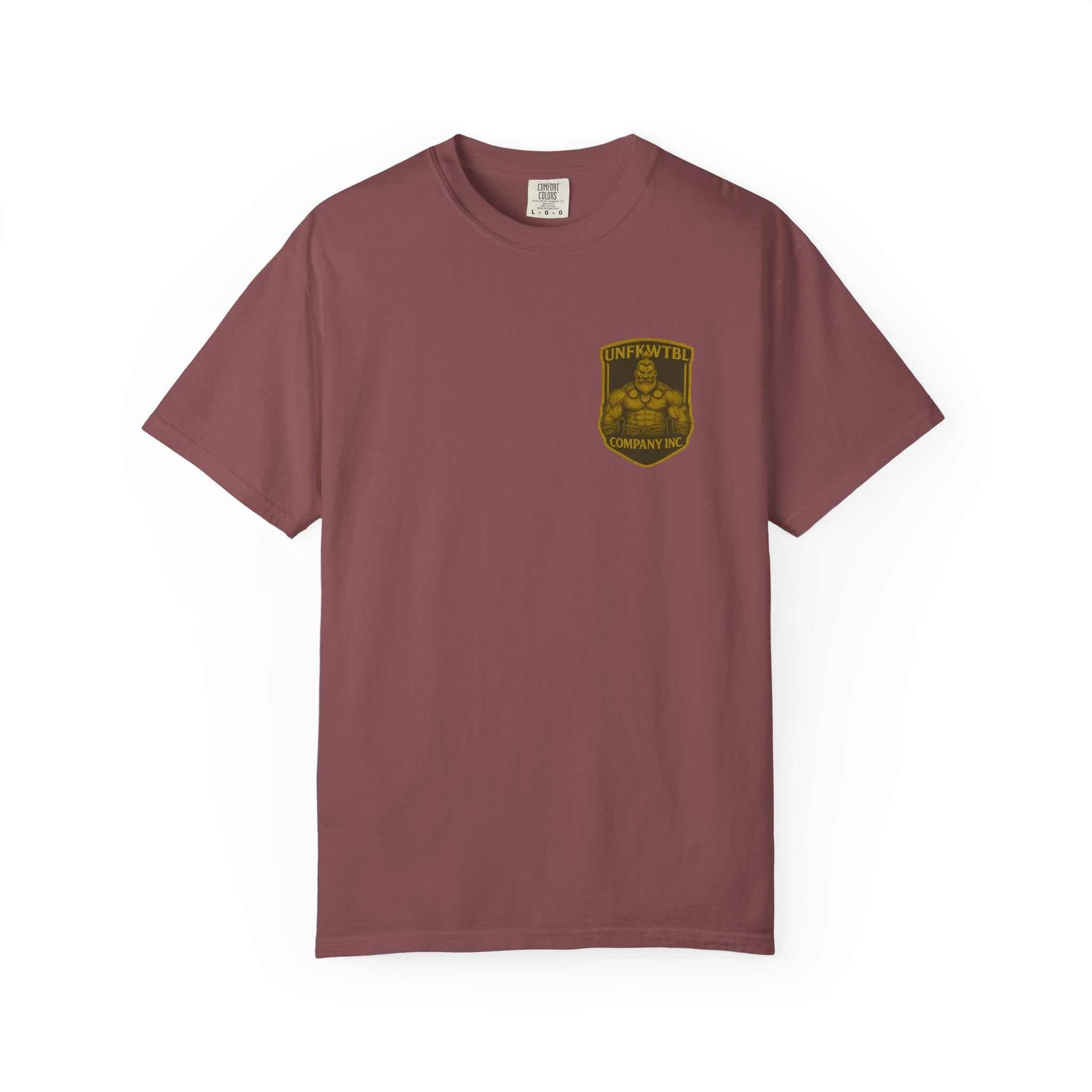 Unisex garment-dyed Creeper's Crawl T-shirt in maroon with vintage-style logo print, soft 100% cotton, available in sizes S to 4XL.