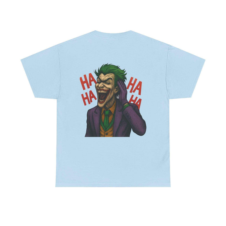 Light blue UNFKWTBL JOKER t-shirt with Joker laughing graphic and "HA HA HA" text on the back