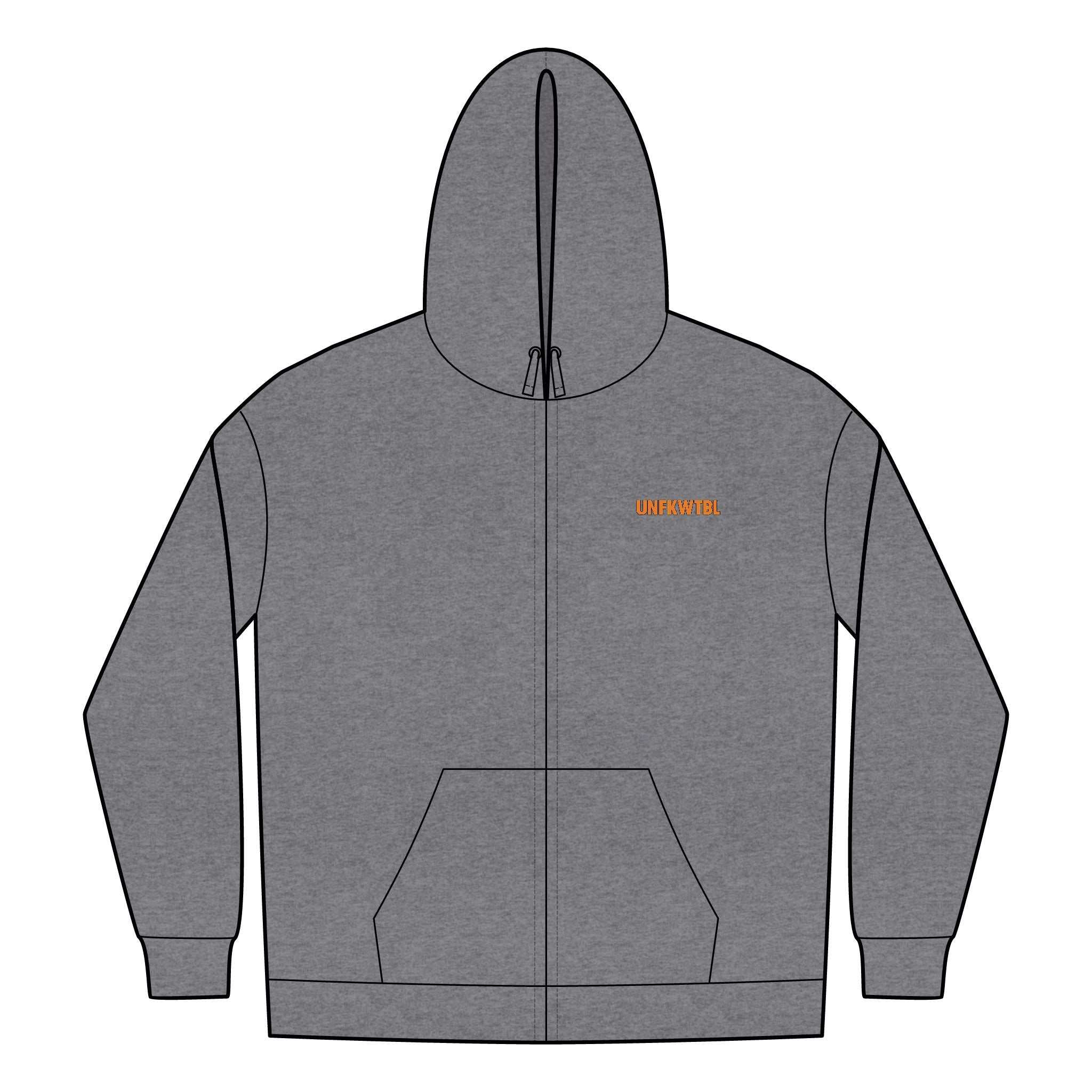 Gray full-zip hoodie with UNFKWTBL COMPANY INC logo on chest, ribbed cuffs and hem, front pockets, and hood with drawstrings.