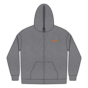 Gray full-zip hoodie with UNFKWTBL COMPANY INC logo on chest, ribbed cuffs and hem, front pockets, and hood with drawstrings.