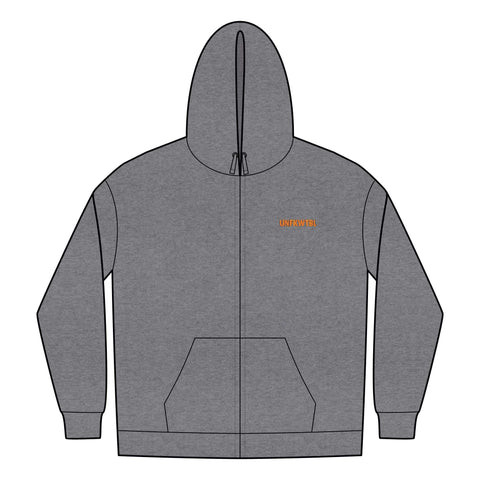 Gray full-zip hoodie with UNFKWTBL COMPANY INC logo on chest, ribbed cuffs and hem, front pockets, and hood with drawstrings.