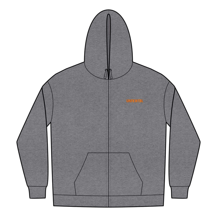 Gray full-zip hoodie with UNFKWTBL COMPANY INC logo on chest, ribbed cuffs and hem, front pockets, and hood with drawstrings.