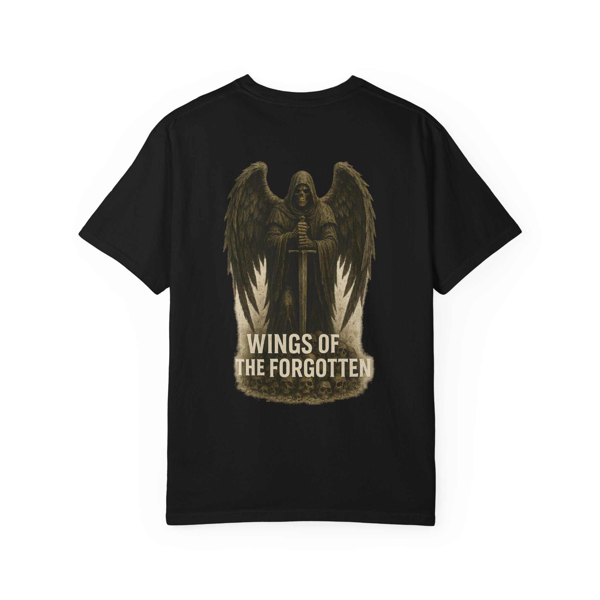 Death Angel Wings Protector of the Dead unisex tee with garment-dyed fabric and double-needle stitching