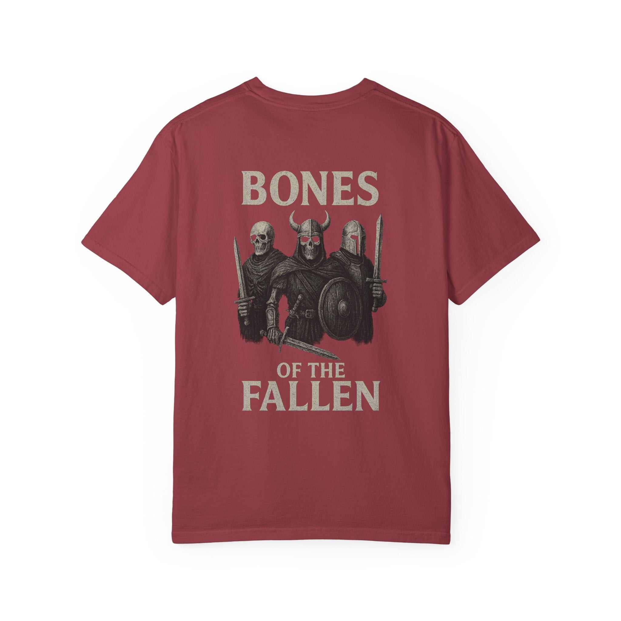Red Viking Warrior Unisex Tee with Bones of the Fallen graphic and medieval fighters illustration