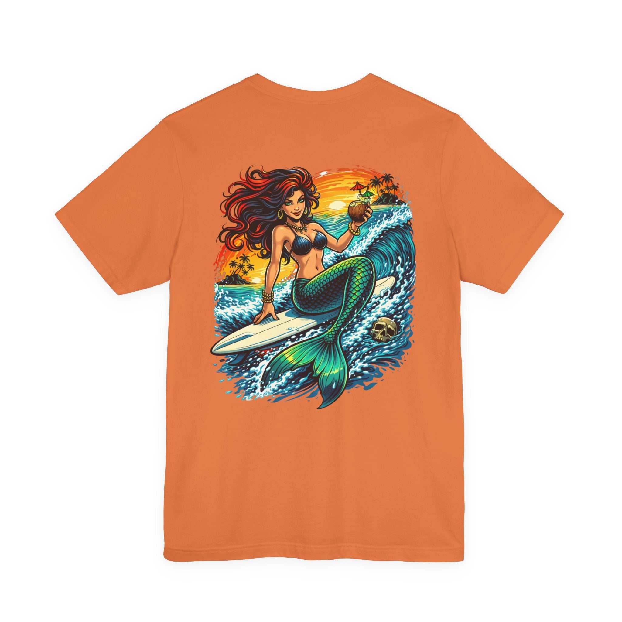 Mermaid Surfer T-Shirt with retro beach surf graphic and vibrant mermaid design