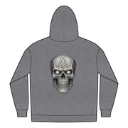 Gray hoodie with UNFKWTBL skull logo on back and full zip design