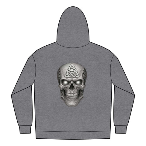 Gray hoodie with UNFKWTBL skull logo on back and full zip design