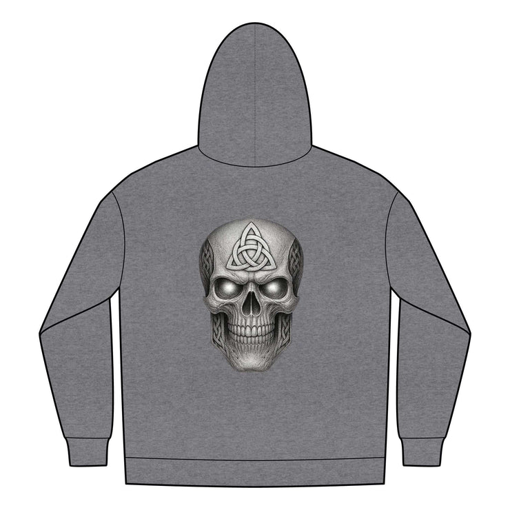 Gray hoodie with UNFKWTBL skull logo on back and full zip design