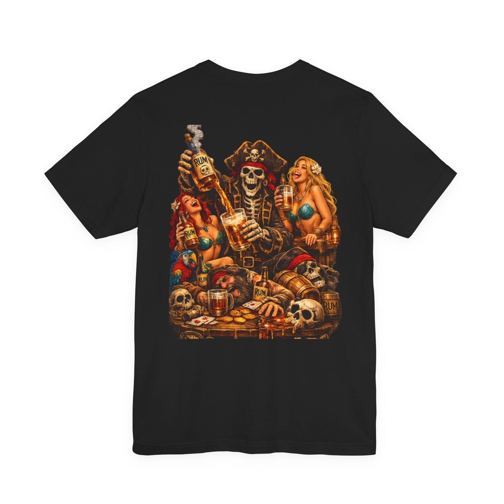 Pirate Skull Treasure Chest Tee — Skeleton Buccaneer Drinking Design