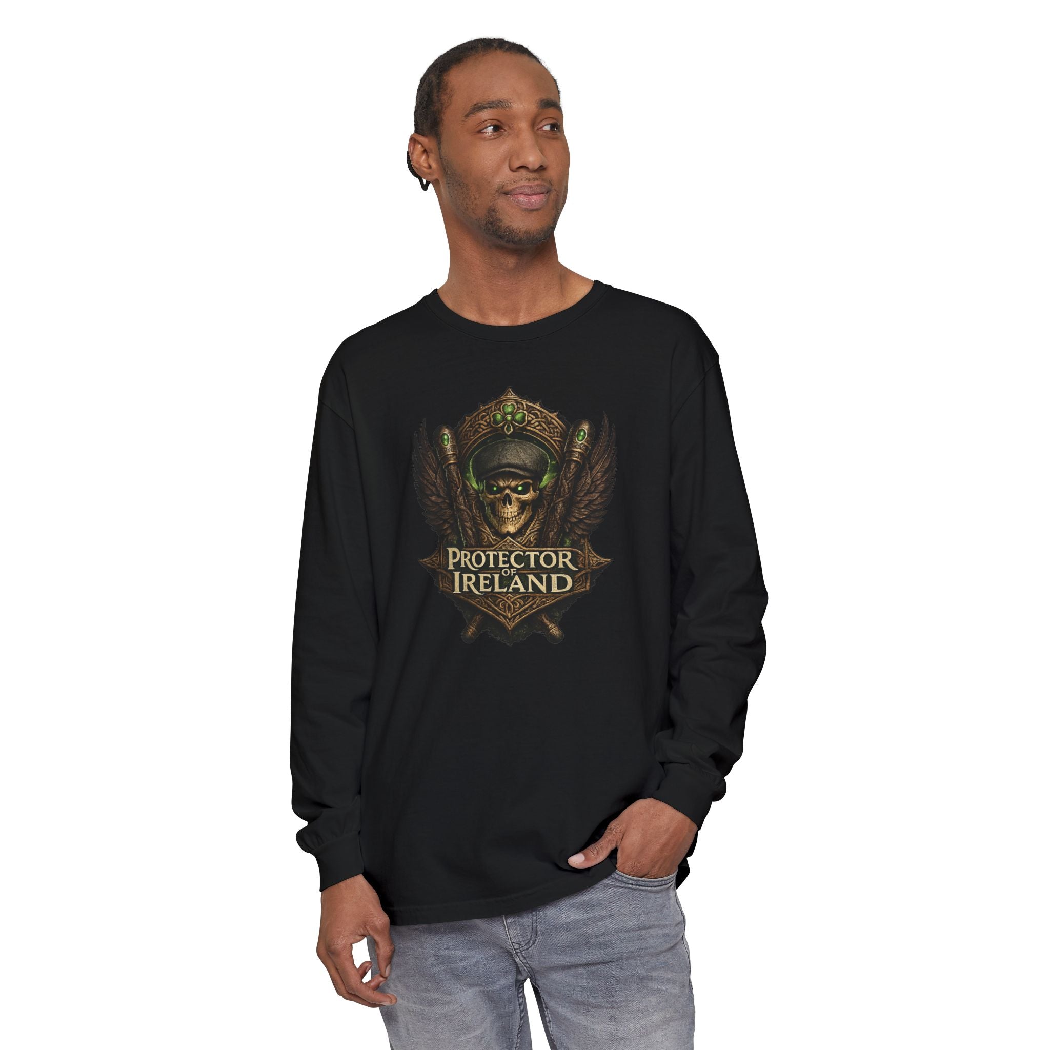 Protector Ireland Long Sleeve Tee — Celtic Helmet Shield Design