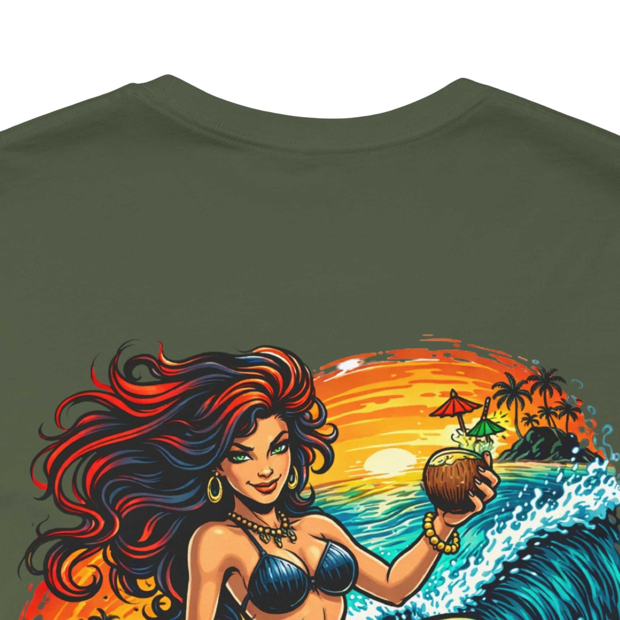 Mermaid Surfer T-Shirt with retro beach surfing graphic and vibrant mermaid art on breathable cotton tee