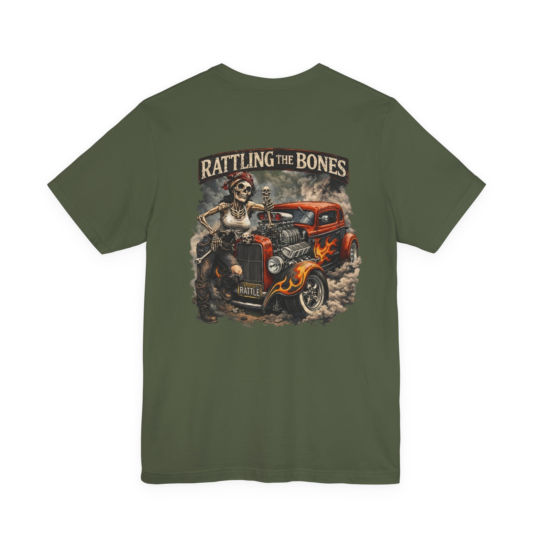 Rat Rod Skull Tee — "Rattling the Bones" Retro Hot Rod Graphic T-Shirt