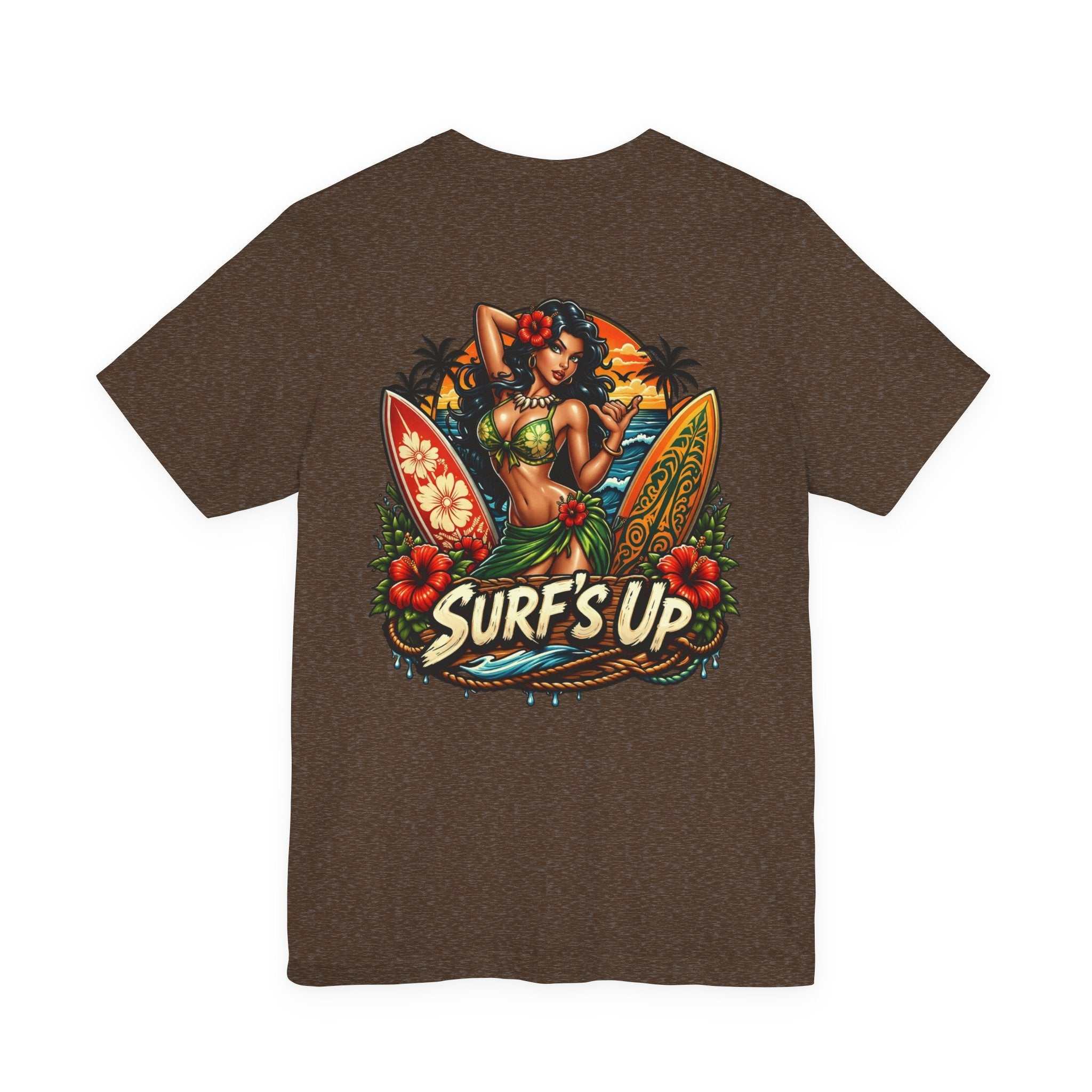 Hawaiian Surfboard T-Shirt with vibrant surfboard graphic, hula girl, and tropical blooms design on breathable cotton tee
