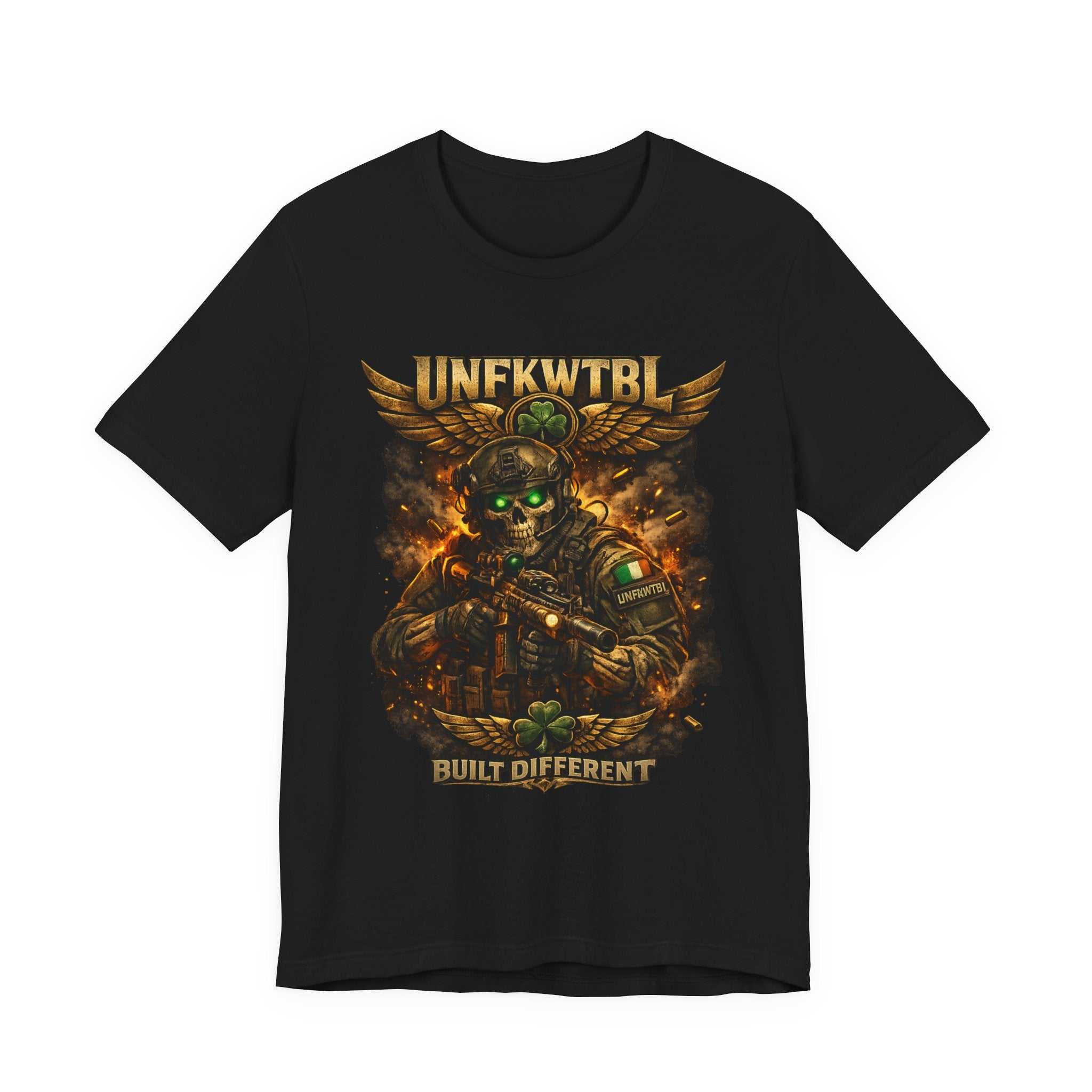 Built Different Military Skull Tee — "UNKFWTBL" Tactical Graphic T-Shirt