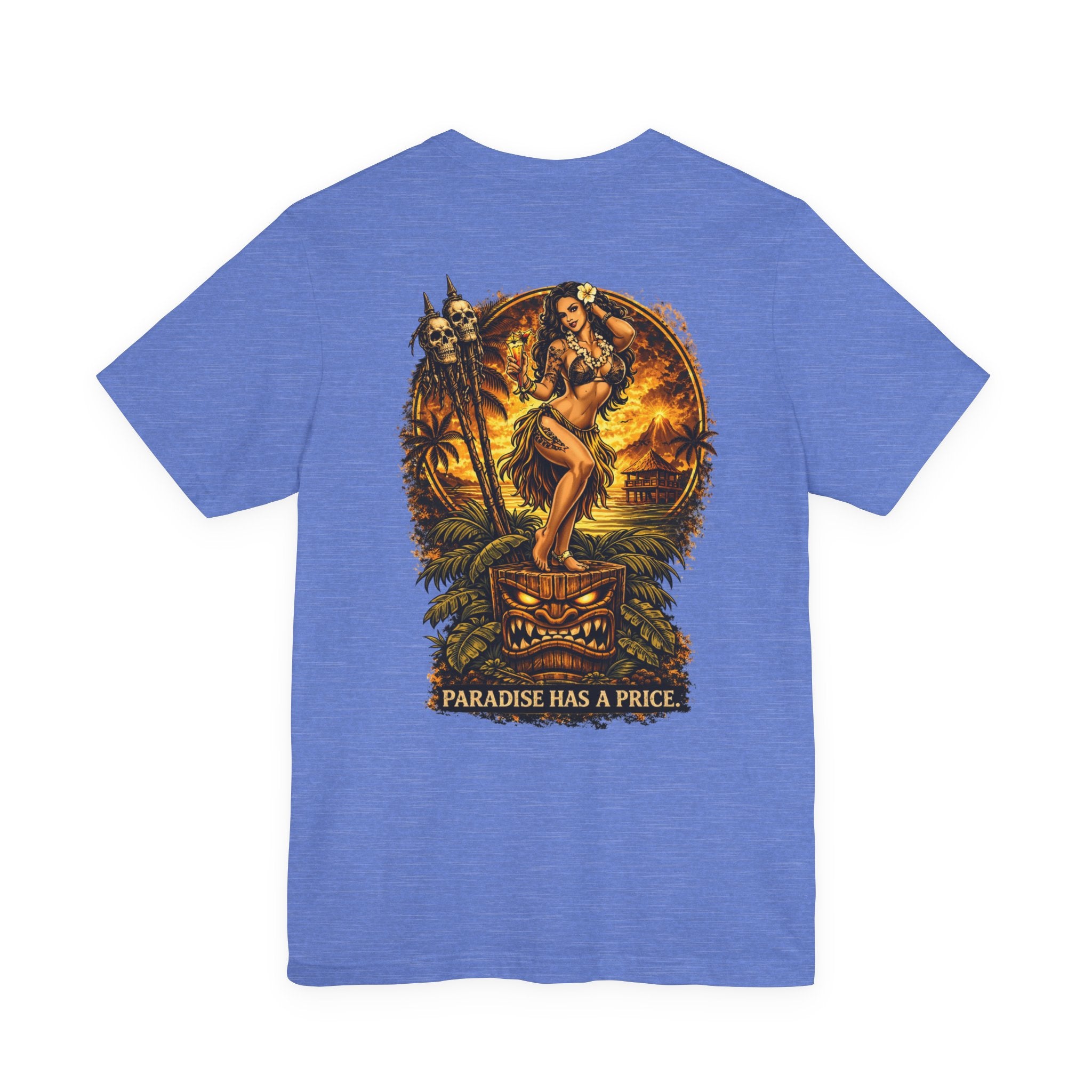 Paradise Has a Price T‑Shirt — Tropical Pinup Sunset Graphic Tee